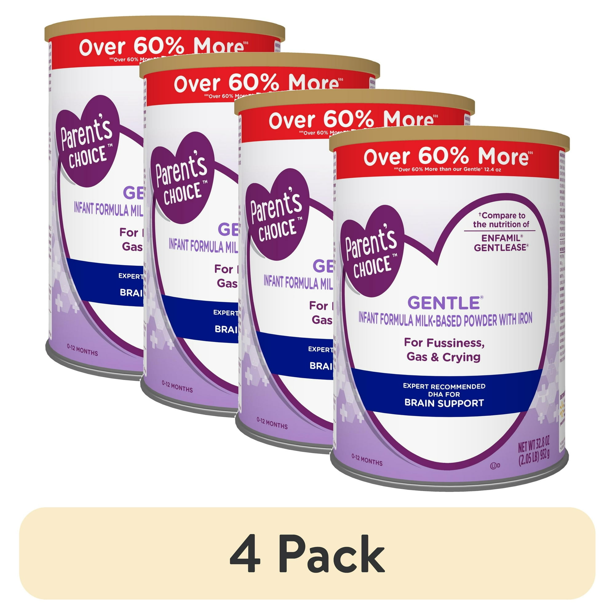 (4 pack) Parent's Choice Gentle Infant Formula Powder with Iron for Fussiness, Gas and Crying, 32.8 oz