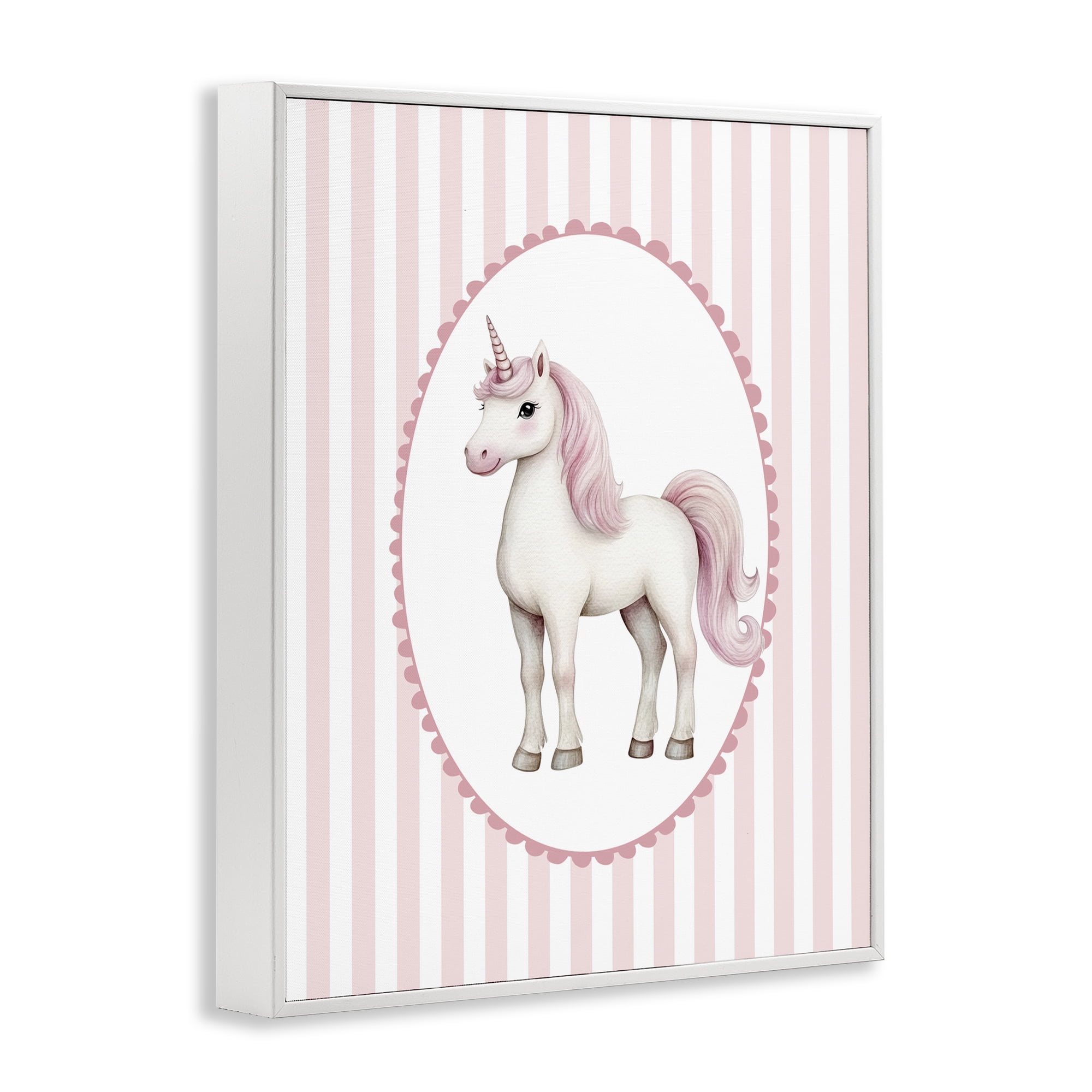Gentle Unicorn on Pink Stripes White Framed Giclee Art, design by Christine Simpson Art
