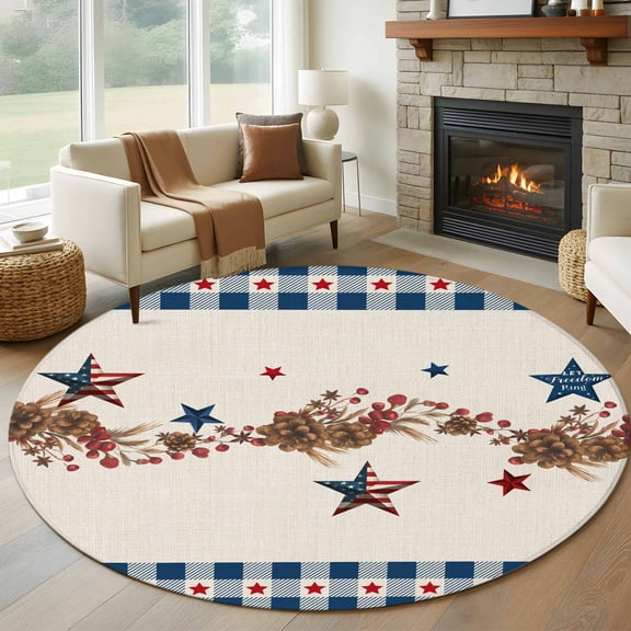 Large Round Rug 8Ft Washable Non-Slip, Independence Day Circle Area Rugs for Living Room Bedroom, Red Blue Stars Stripes Flag Wood Plaid Indoor Floor Mats Carpet Runner for Home Decor
