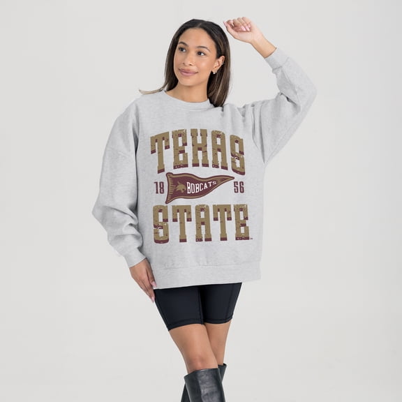 Women's Gameday Couture Ash Texas State Bobcats Oversized Pennant Pride Premium Fleece Sweatshirt