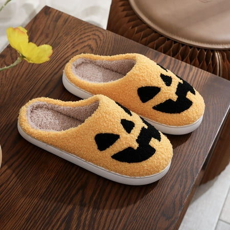 

BESTSPR Halloween Slippers for Womens and Mens Plush Warm Spooky Lantern Pumpkin Slippers House Shoes