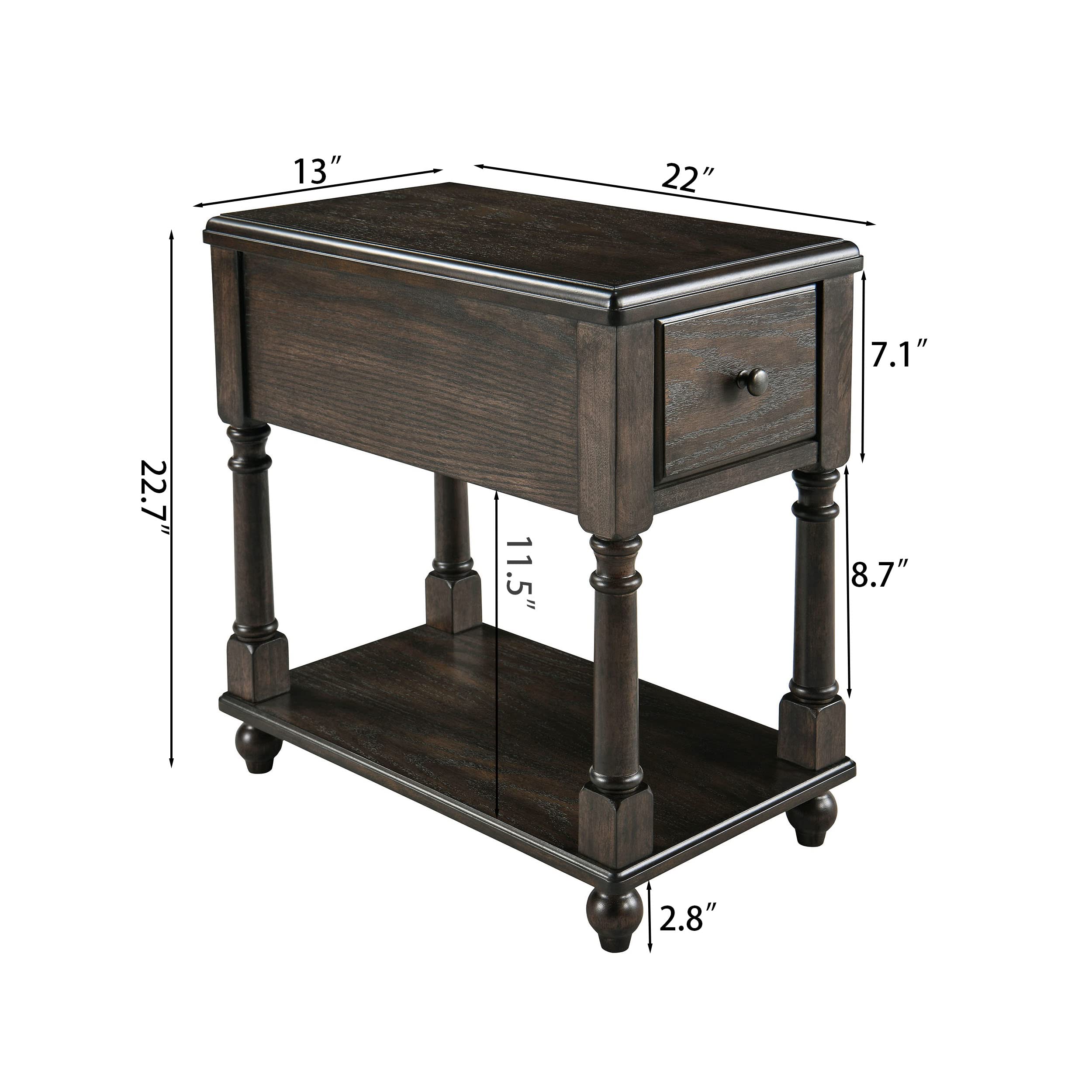 JESONVID Solid Wood Rectangular End Table with Storage, Antique Black