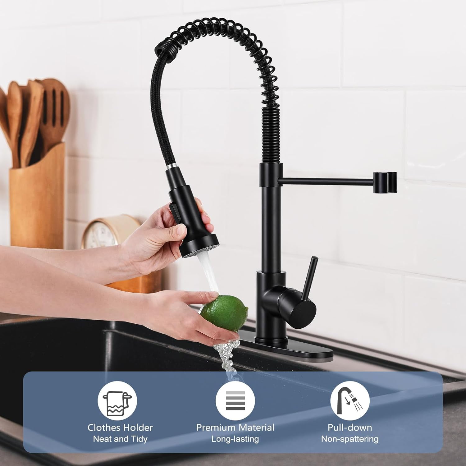 DTIG Black Kitchen Faucet, Pull-Out Sprayer, Brushed Nickel, Dual-Function, Includes Deck Plate, Water Pipes