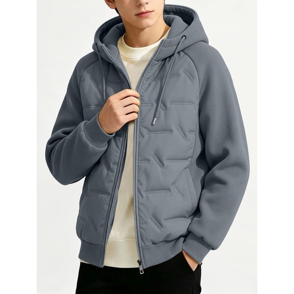 Txenfivo Boys Jacket with Hood, 7-17 Full Zip Warm Quilted Coat for Boys Contrast Sleeve Outerwear