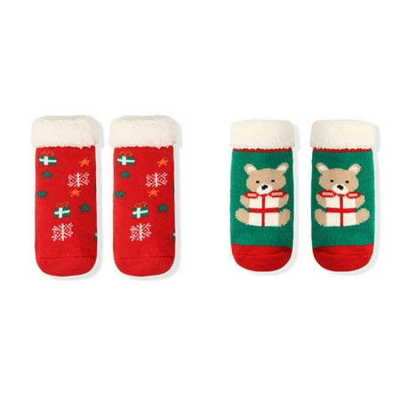 

Kartokner 2 Pairs Newborn Infant Toddler Slipper Socks Baby Girls Boys Grips Socks Christmas Socks Kids Sherpa-lined Fuzzy Home Socks (L)(Style-D)