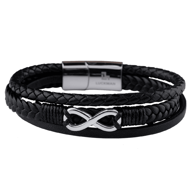 Pulsera Hombre de Infinito LUCKMAN, Piel Vegana y Acero Inoxidable, Modelo Felix plateado UNITALLA