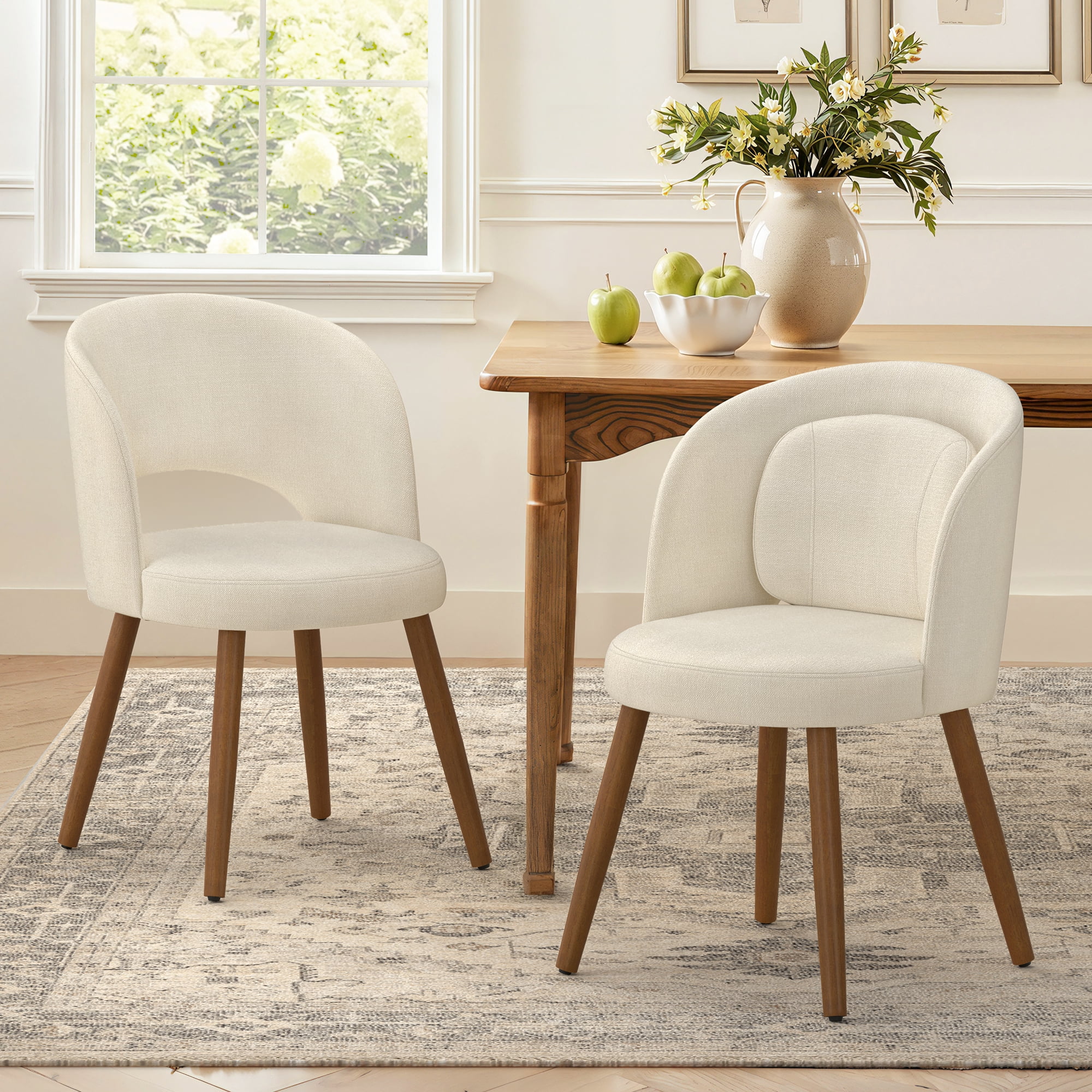 Dycanpo Upholstered Dining Chairs Set of 2, Wooden Dining Side Chairs with Curved Backrest & Individual Back Cushion, Linen-Fabric