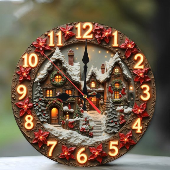 Christmas Village Illuminated Wall Clock 10-Inch Silent Wooden Wall Clock, Battery Operated (AA Batteries Not Included), Artistic Home Decor