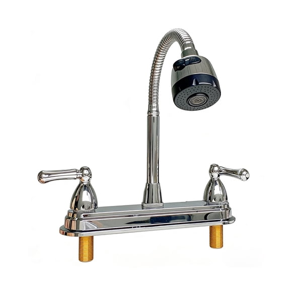 RV Kitchen Faucet,RV Camper Faucet Non-Metallic with 2 Handles Flexible Spout 360 Swivel 2-Function Sprayer for Campers,Trailers,Motorhomes,Fits 2-hole/3-hole 8-inch sinks,Chrome