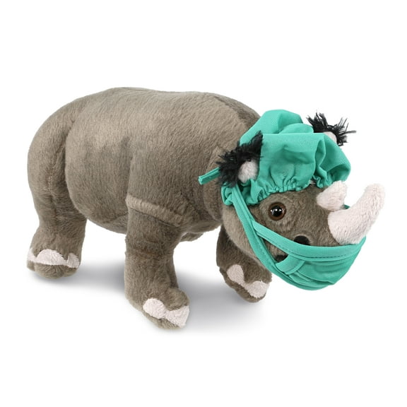 DolliBu Rhino Doctor Plush Toy - Super Soft Rhinoceros Doctor Stuffed Animal Dress Up with Cute Scrub Cap and Face Mask Outfit - Fluffy Doctor Toy Plush Gift- 13 Inches