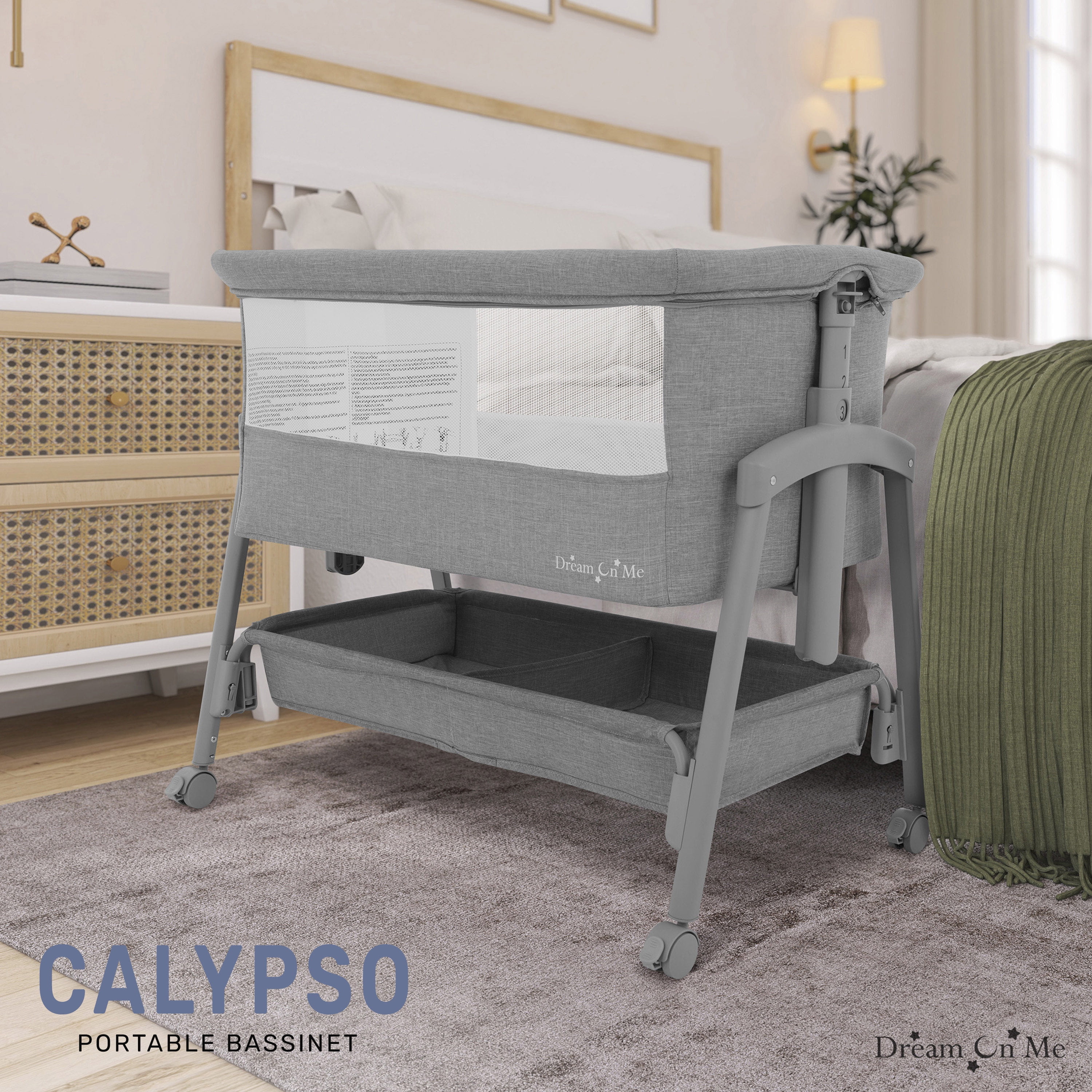 Dream On Me Calypso Portable Bassinet with Wheels, Adjustable Height, Gray