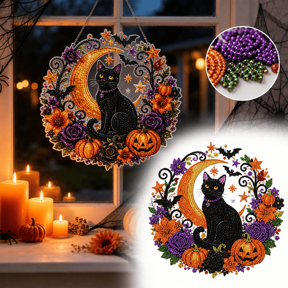 Halloween Black Cat Diamond Art Hanging Ornament Kit, Crescent Moon Rhinestone Craft for Tree Decor, Spooky DIY Gift