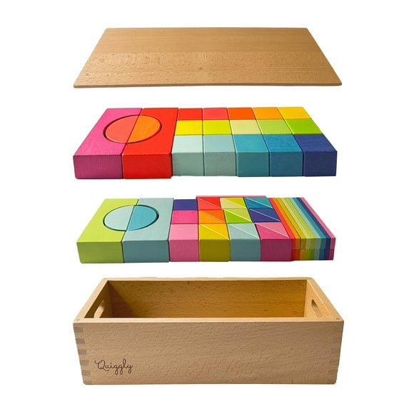 Quiggly Montessori Wooden Rainbow Building Blocks Set | 68-Piece Educational STEM Toy for Toddlers | Includes Storage Box with Carry Handles | Ideal