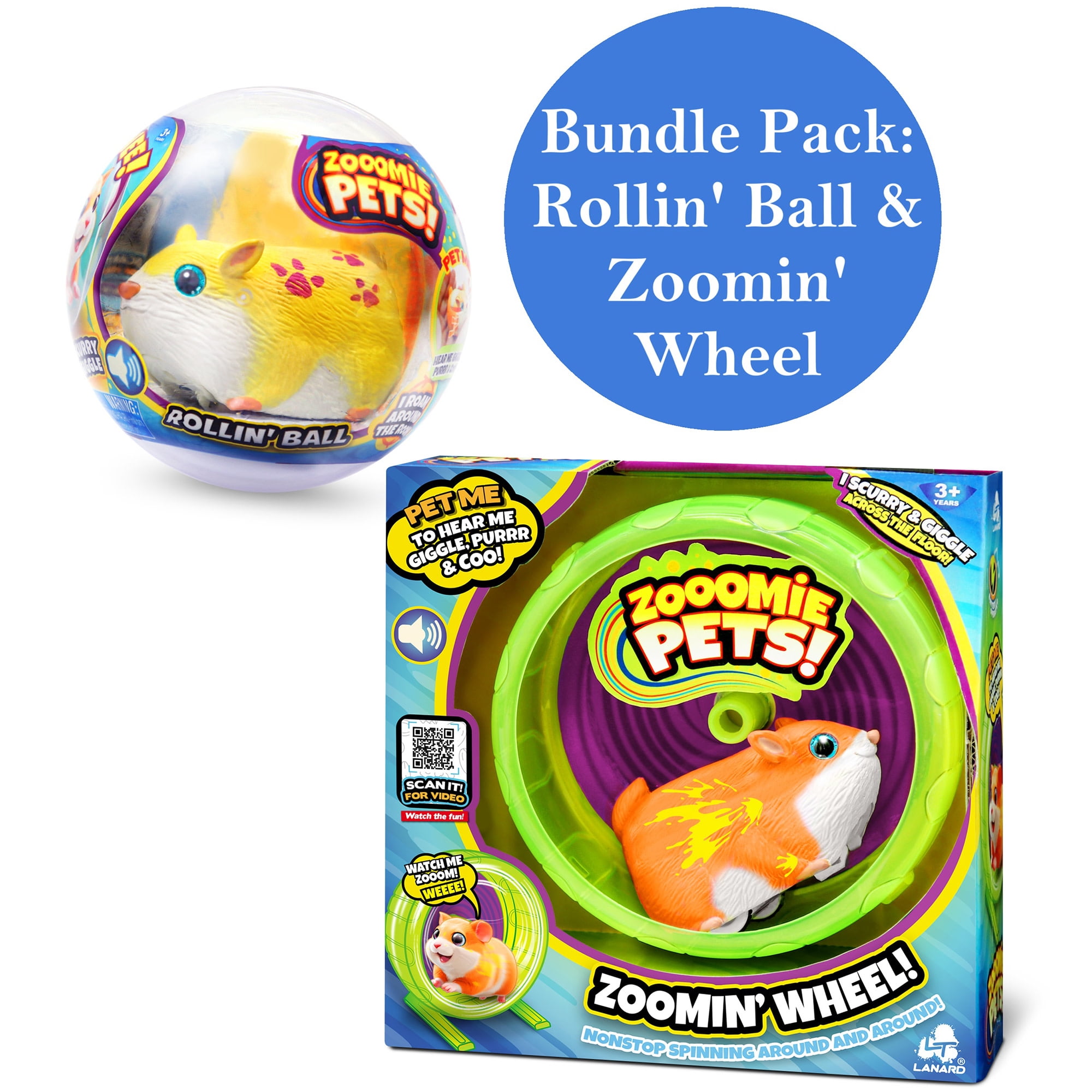 Lanard: Zooomie Pets: Bundle Pack - Rollin’ Ball & Zoomin’ Wheel - 2 Electronic Toy Hamster Animals, Motion Activated Sounds, Scurries-Spins, Kids 3+