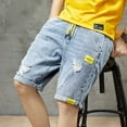 thumbnail image 2 of Summer Men‘s Grey Perforated Denim Shorts Korean Fashion Slim Elastic Five-piece Jeans Shorts Male Brand Pants 11styles, 2 of 7