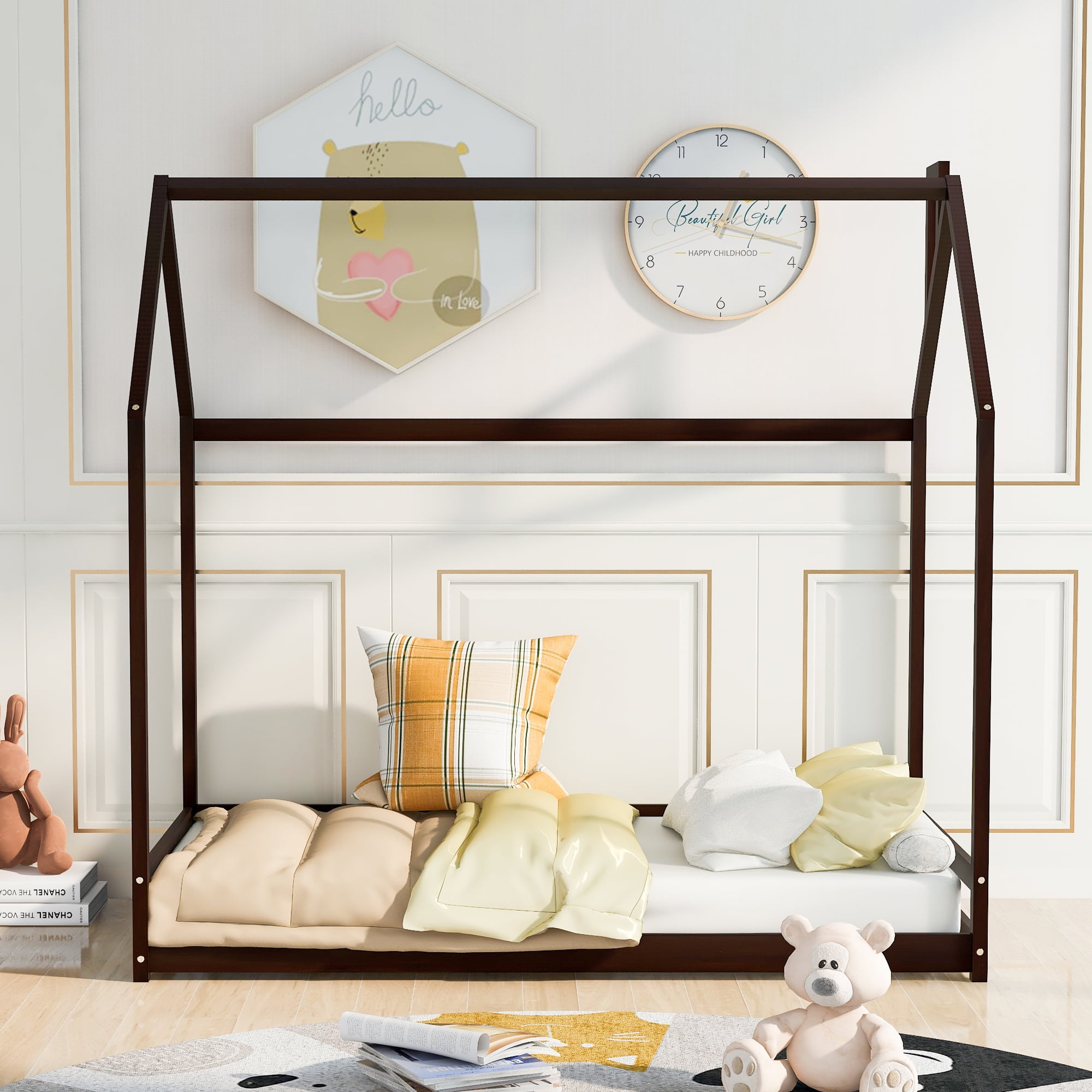 Gewnee Twin Size Floor Bed, Wood Twin House Bed with Rails for Toddler Kids,Espresso