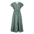 thumbnail image 4 of Robe à Manches Courtes pour Femmes Robes pour Femmes à Manches Courtes Col en V à Volants Robe Midi à Imprimé Floral avec Ceinture, 4 of 8