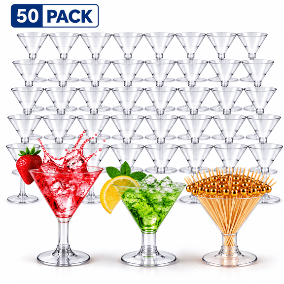 Disposable Plastic Martini Glasses with 50 Cocktail Sticks, 5 Oz Clear Cocktail Cups, 50 Pack Detachable Stem Stackable Margarita Glasses for Party Wedding Birthday Bar and All Events
