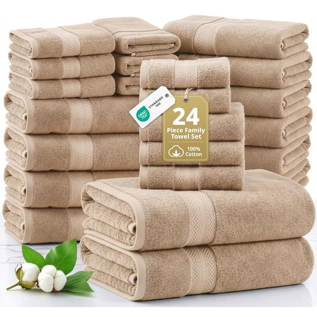 Juego de toallas LANE LINEN de 24 piezas, 100% algodón, beige