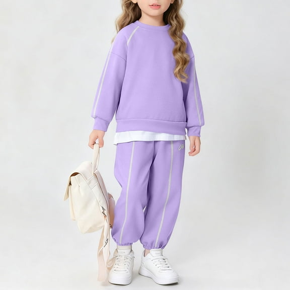 Spazoro Girls Sport Outfit Sets Size 4-16Y, Fleece Lined Solid Color Fall and Winter 2 PC Casual Long Sleeved Sweathirts & Pants Sets for Kids Purple