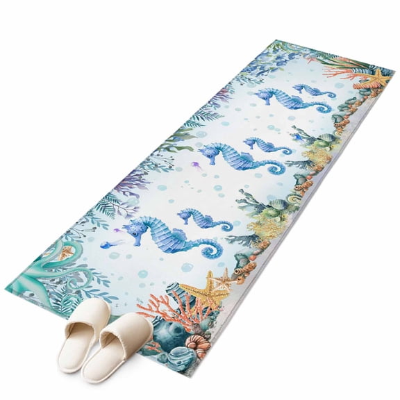 Summer Ocean Seahorse Runner Rug 2'x6' Nautical Colorful Sea Fish Octopus Coral Bubble Hallway Runner Rugs Washable Non-Slip Bedside Floor Mats Carpet for Kitchen Bedroom Laundry Room Bathroom