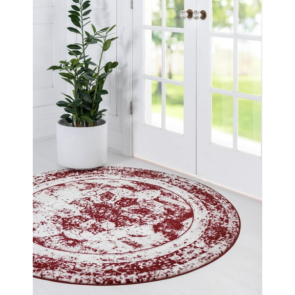 Rugs.com Monte Carlo Collection Rug – 5' Round Burgundy Medium Rug Perfect For Kitchens, Dining Rooms