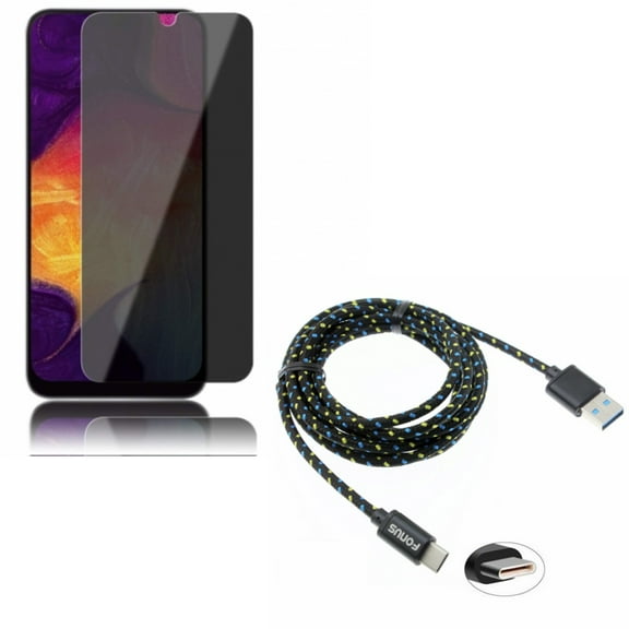 Galaxy A50/A20 Tempered Glass Privacy Screen Protector w Type-C 6ft USB Cable - Anti-Spy Anti-Peep 3D Edge, Charger Cord Power Wire for Samsung Galaxy A50/A20