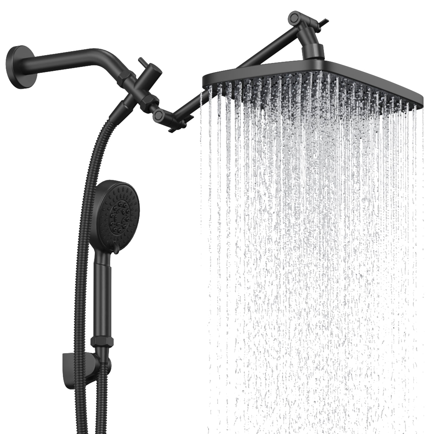 ARDIKAMA Dual Shower Head Combo, High Pressure 12'' Adjustable Extension Arm Rainfall Stainless Steel Showerhead with ON/OFF Pause Switch with Hose, Adhesive Rain Shower Head Holder (Matte Black)