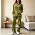 thumbnail image 5 of Women's Velvet 2 Piece Tracksuit Zip Up Jacket Wide Leg Pants Set Stand Collar Casual Lounge Sweatsuit with Pockets Fall Winter Loungewear Green, 5 of 6