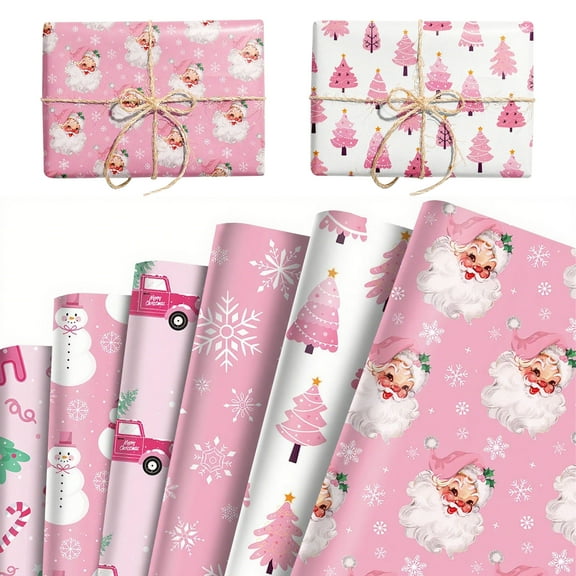Pink Christmas Wrapping Paper - 6 Cute Designs 12 Sheets Set 20x27 Inch