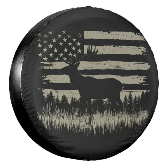 KAKALAD Black And White American Flag Deer Spare Tire Cover Wheel Protectors Weatherproof Universal Vehicle Dust-Proof for Trailer Rv SUV Truck Camper Travel Trailer Accessories 14 ” Inch