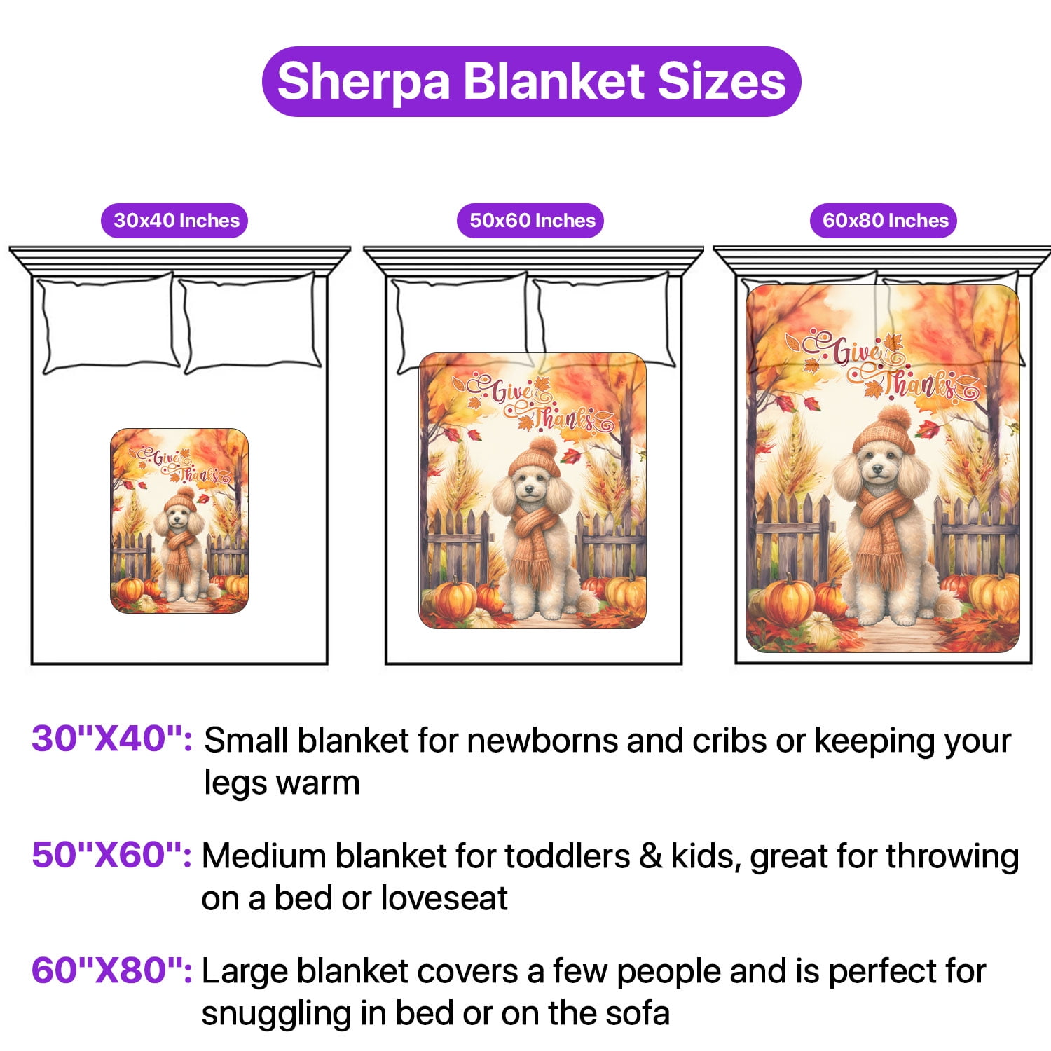 Happy Thanksgiving Poodle Give Thanks Fall Beanie Scarf Welcome Cozy Sherpa Blanket Poodles Dog Lover Gifts Idea Warm Soft Throw Blanket - 00020