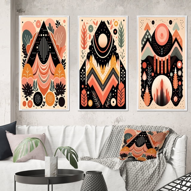 Designart "Retro Pink Bohemian Tribal Geometry II" Modern Geometric Framed Wall Art Set Of 3 - Pink Abstract Frame Gallery Wall Set For Home Decor