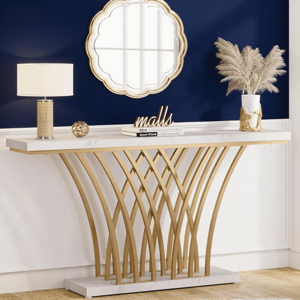 59" Modern Gold Console Table - Faux Marble Veneer with Geometric Metal Base, 1.97" Thick MDF Top, 450lb Capacity for Entryway, Living Room & Hallway
