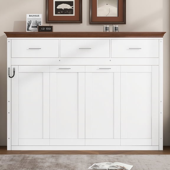 Twin Size Murphy Bed with 3 Storage Drawers and Open Shelf, Space Saving Wall Bed Cabinet for Small Rooms, White Finish