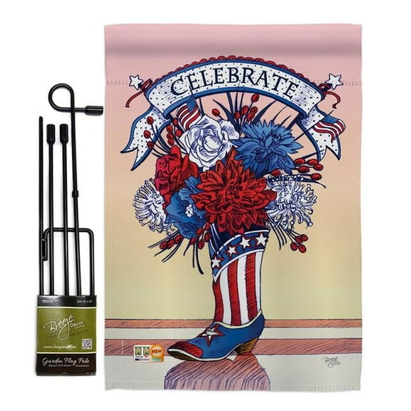 Breeze Decor BD-FJ-GS-111007-IP-BO-D-US15-AL 13 x 18.5 in. American Boots Americana Fourth of July Vertical Double Sided Mini Garden Flag Set with Banner Pole