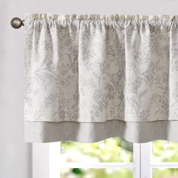 Farmhouse Linen Blend Valance Curtain for Kitchen Floral Rustic Double Layer Blackout Rod Pocket Window Topper Treatment 18 Inch Purple Grey on Beige