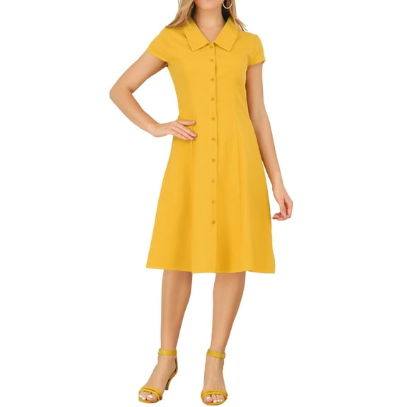 INSPIRE CHIC Women's Cap Sleeve Cotton Button Down Midi Dress S Yellow