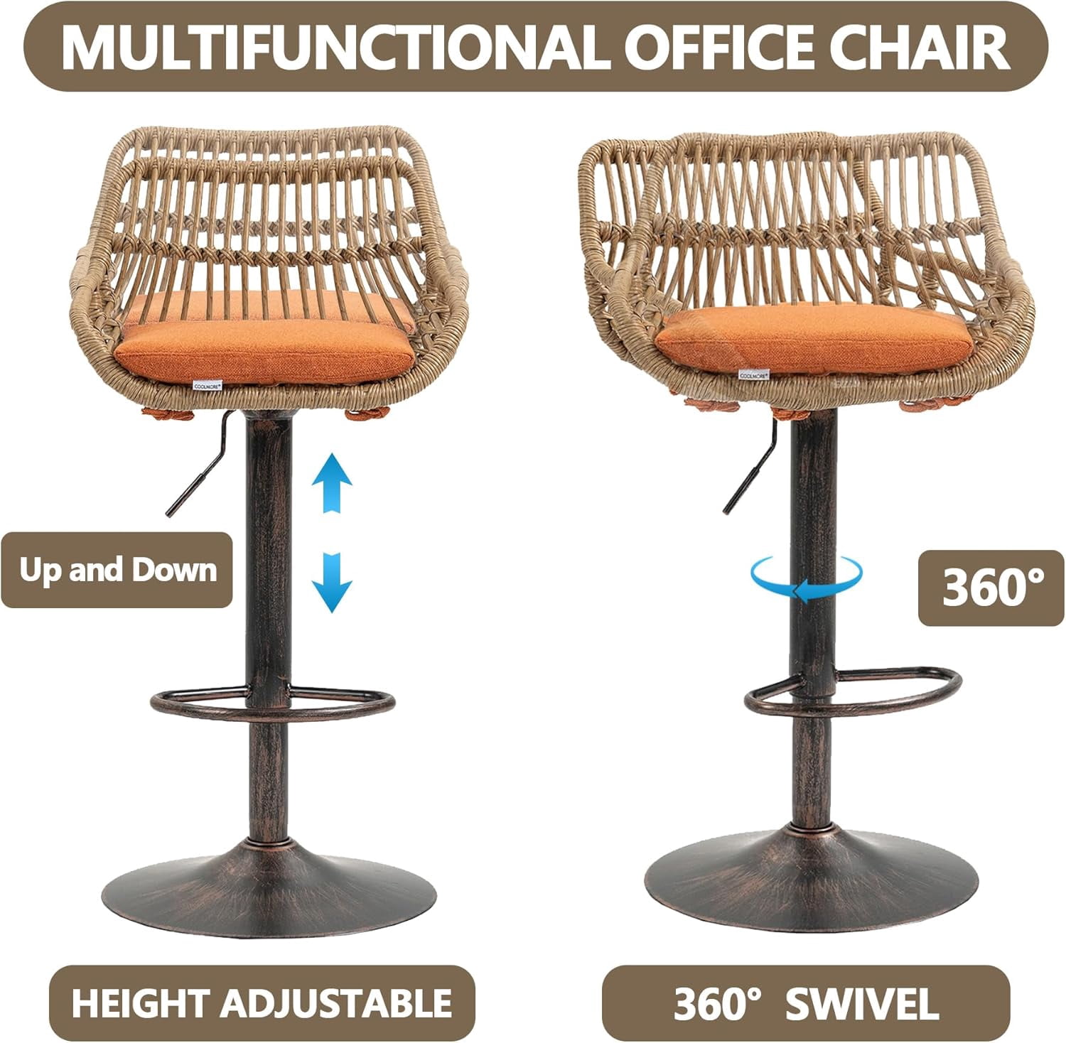 BISHE Adjustable Rattan Bar Stools Set of 2 with Cushion, Boho Bar Stools with Footrest, Wicker Barstools Counter Height with Backs, High Chair for Kitchen Island, Bistros, Metal Base, Orange