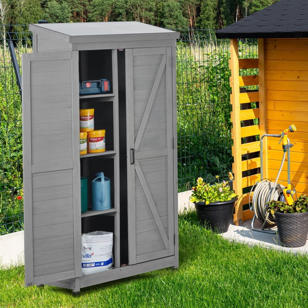 68" Cedar Wood Outdoor Storage Cabinet with Metal Top - Gray Garden Shed for Patio, Deck, Yard - Durable, Waterproof, Magnetic Closure