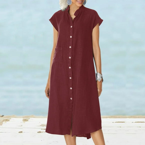 Plus Size Dress Fashion Women Summer Button Casual Solid V-Neck Short Sleeve Dress Nursing Dress on Clearance