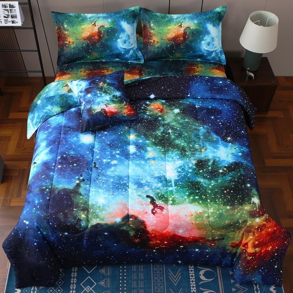 Twin Galaxy Comforter Sets 6 Piece Bed in A Bag, Outer Space Themed Bedding for Children Boy Girl Teen Kids,1 Comforter, 1 Flat Sheet, 1 Fitted Sheet, 2 Pillowshams, 1 Cushion Cover(Blue)