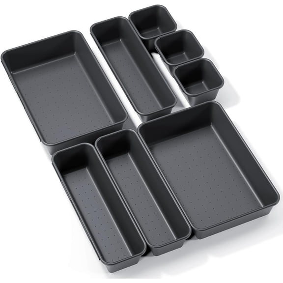 8PCS Plastic Interlocking Drawer Organizer, 3 Sizes Versatile Desk Drawer Organizer Trays, Drawer Dividers, Organization and Storage Bins for Tools, Office, Jewelries, Kitchen Utensils and Makeup