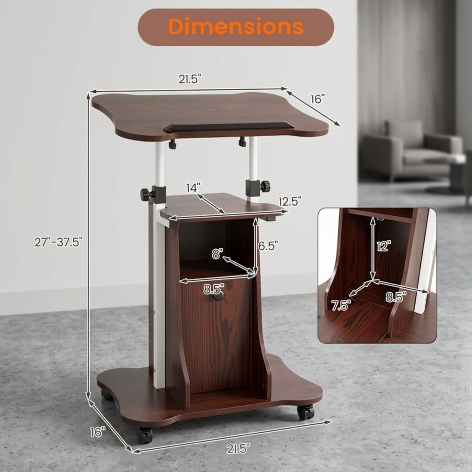 Furnibear Adjustable Mobile Standing Desk Cart with Tilting Desktop Cabinet and Locking Casters for Home Office and School, Brown