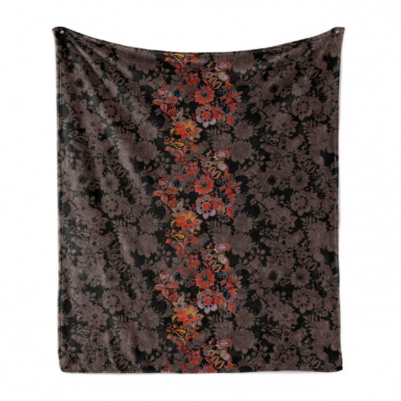 Flower Soft Flannel Fleece Throw Blanket, Flowers of Asia in Japanese Art Style Vivid Floral Pattern Boho Print, Cozy Plush for Indoor and Outdoor Use, 50" x 60", Black Orange Mustard, by Ambesonne