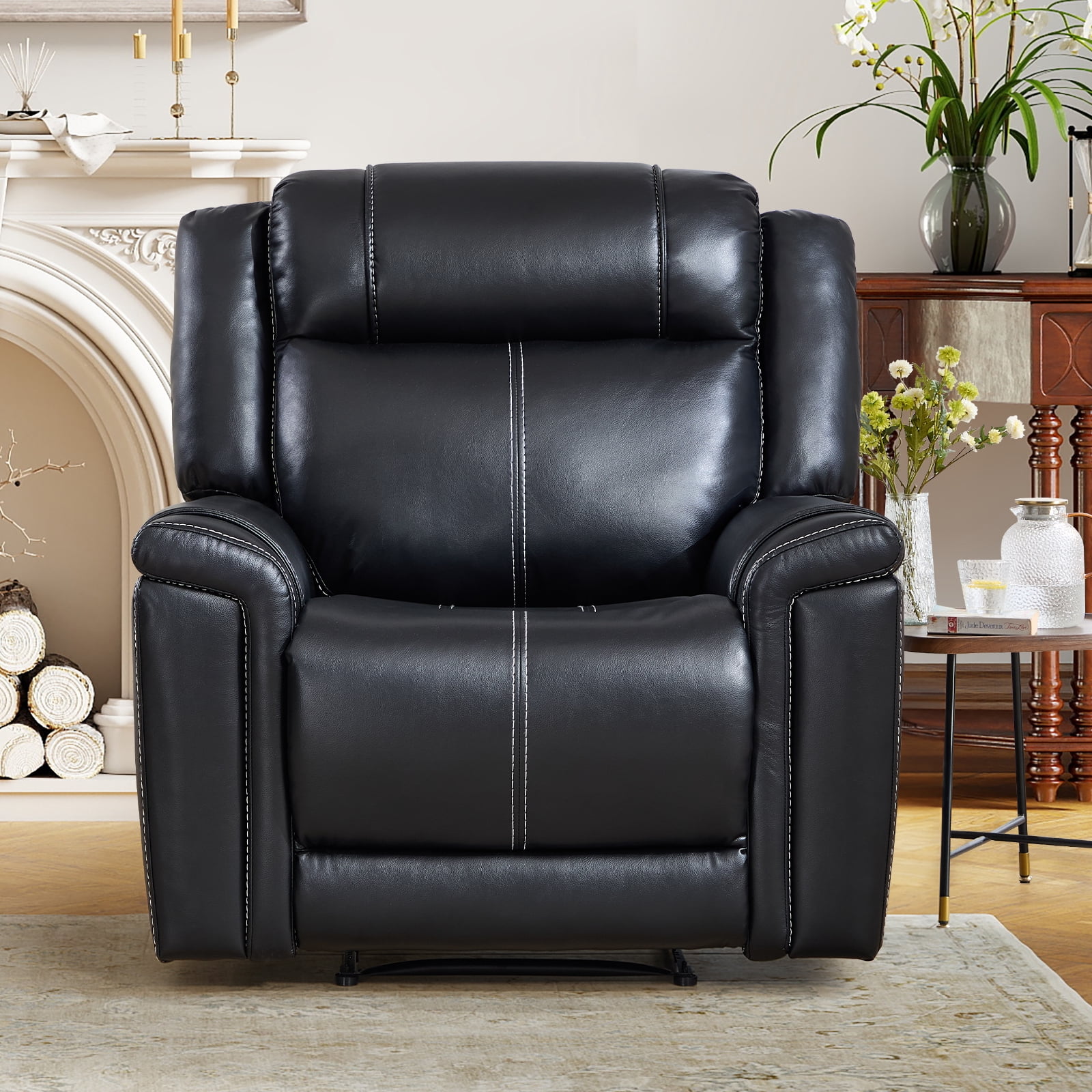 Ebello Faux Leather Manual Recliner, Mid-Century Modern Reclining Chair with Padded Headrest and Armrest for Living Room, Home Theater, Office, Black