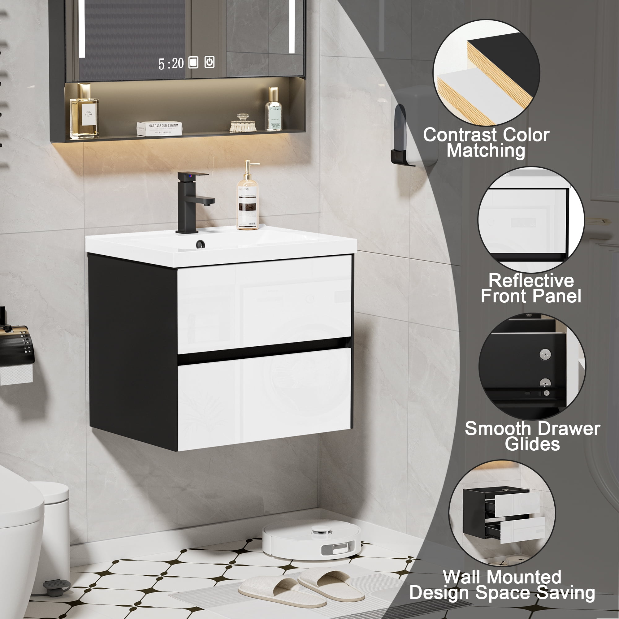 Eclife 24" Black and White Single Bathroom Vanity with Integrated Sink Top, Faucet and Drain