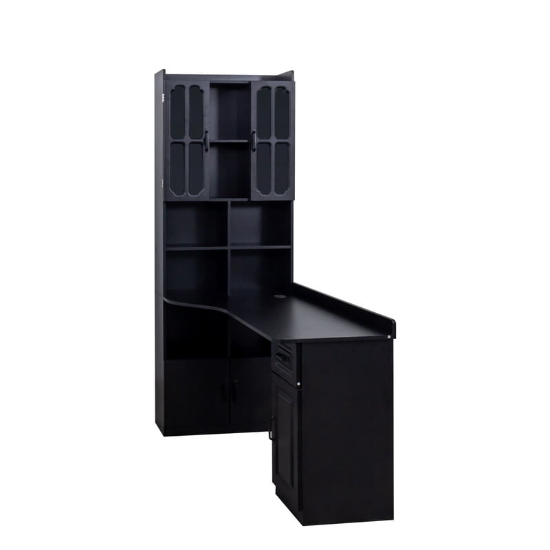 L-Shaped Corner Computer Desk with Cabinets and 1 Drawer, Office Desk with Bookshelf and Hutch, Writing Table Large Workstation with Open Shelves