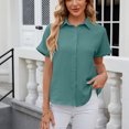 thumbnail image 2 of BLVB Womens Button down Cropped Shirts Short Sleeve Casual Crop Tops Plain Lapel Blouse Shirt Summer Clothes Green, 2 of 7