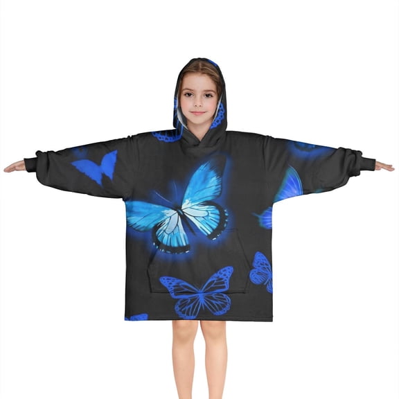 Black Blue Butterfly Pattern Blanket Hoodies for Kids 6-13YR Oversize Wearable Blanket Hoodies for Boys Girls Teens